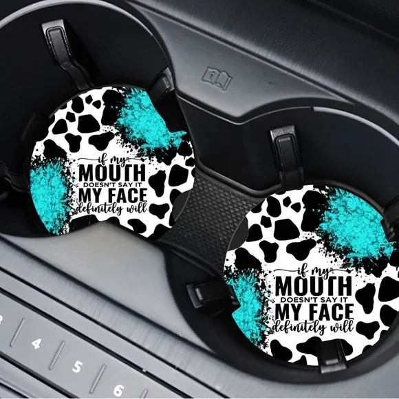 Cow Print Car Coasters with Teal Accents - Picture 4 of 6